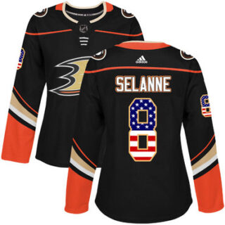 Women's Anaheim Ducks #8 Teemu Selanne Black Home Authentic USA Flag Stitched NHL Jersey