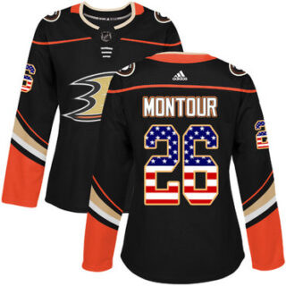 Women's Anaheim Ducks #26 Brandon Montour Black Home Authentic USA Flag Stitched NHL Jersey
