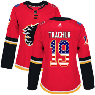 Women's Calgary Flames #19 Matthew Tkachuk Red Home Authentic USA Flag Stitched NHL Jersey