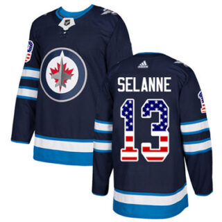 Youth Winnipeg Jets #13 Teemu Selanne Navy Blue Home Authentic USA Flag Stitched NHL Jersey