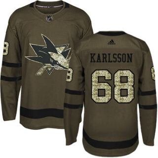 Youth San Jose Sharks #68 Melker Karlsson Green Salute to Service Stitched NHL Jersey