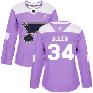 Women's St. Louis Blues #34 Jake Allen Purple Authentic Fights Cancer Stitched NHL Jersey