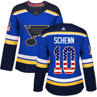 Women's St. Louis Blues #10 Brayden Schenn Blue Home Authentic USA Flag Stitched NHL Jersey