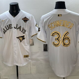 Men's Toronto Blue Jays #36 Davis Schneider White Gold 2025 American League Champions Limited Stitched Baseball Jersey