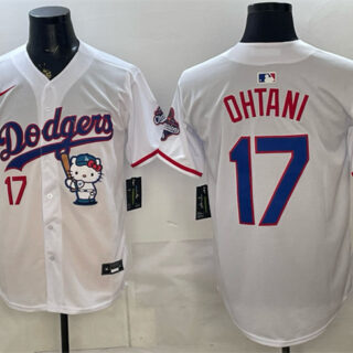 Men's Los Angeles Dodgers #17 Shohei Ohtani White Hello Kitty Night 2025 World Series Champions Patch Stitched Baseball Jersey