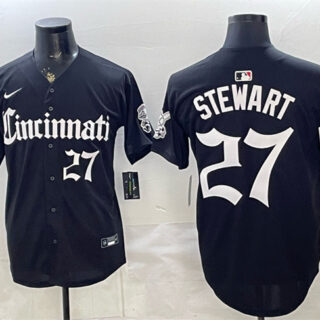 Men's Cincinnati Reds #27 Sal Stewart Black 'Gothic Queen City Edition' Vapor Premier Limited Stitched Baseball Jersey