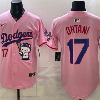 Men's Los Angeles Dodgers #17 Shohei Ohtani Pink Hello Kitty Night 2025 World Series Champions Patch Stitched Baseball Jersey