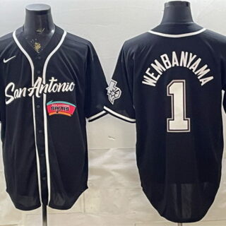 Men's San Antonio Spurs #1 Victor Wembanyama Black Stitched Baseball Jerseys 001