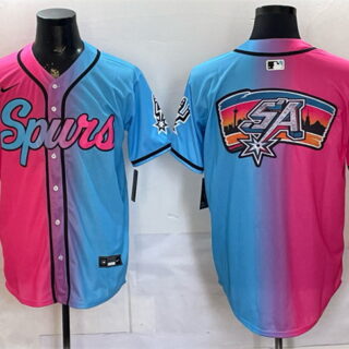 Men's San Antonio Spurs Team Big Logo Pink Blue Limited Stitched Baseball Jerseys