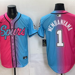 Men's San Antonio Spurs #1 Victor Wembanyama Pink Blue Limited Stitched Baseball Jersey
