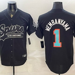 Men's San Antonio Spurs #1 Victor Wembanyama Black Stitched Baseball Jersey 003