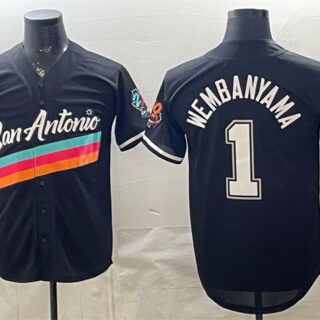 Men's San Antonio Spurs #1 Victor Wembanyama Black Stitched Baseball Jersey