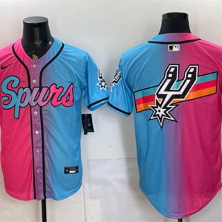 Men's San Antonio Spurs Team Big Logo Pink Blue Limited Stitched Baseball Jersey