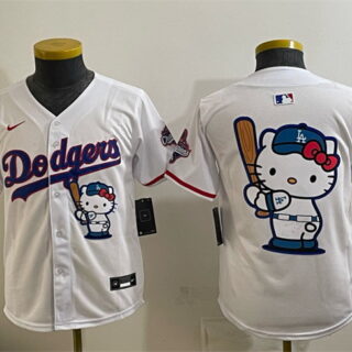 Youth Los Angeles Dodgers Team Big Logo White Hello Kitty Night 2025 World Series Champions Patch Stitched Baseball Jersey