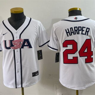 Youth USA Baseball #24 Bryce Harper White 2026 World Baseball Classic Home Stadium Stitched Baseball Jersey