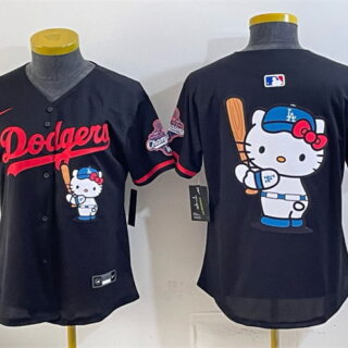 Youth Los Angeles Dodgers Team Big Logo Black Hello Kitty Night 2025 World Series Champions Patch Stitched Baseball Jersey