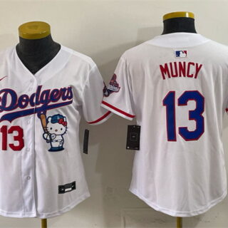 Youth Los Angeles Dodgers #13 Max Muncy White Hello Kitty Night 2025 World Series Champions Patch Stitched Baseball Jersey