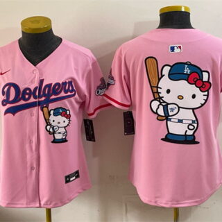 Youth Los Angeles Dodgers Team Big Logo Pink Hello Kitty Night 2025 World Series Champions Patch Stitched Baseball Jersey