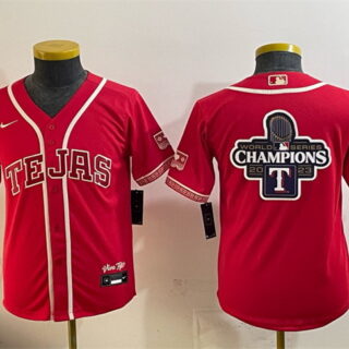 Youth Texas Rangers Team Big Logo Red 2026 City Connect Stadium Stitched Baseball Jersey 001