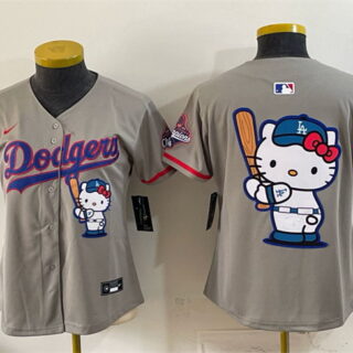 Youth Los Angeles Dodgers Team Big Logo Grey Hello Kitty Night 2025 World Series Champions Patch Stitched Baseball Jersey