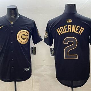 Men's Chicago Cubs #2 Nico Hoerner Black Gold 150th Anniversary Patch Stitched Baseball Jersey
