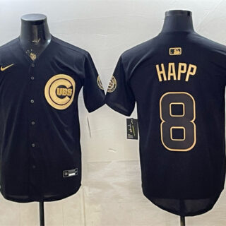 Men's Chicago Cubs #8 lan Happ Black Gold 150th Anniversary Patch Stitched Baseball Jersey