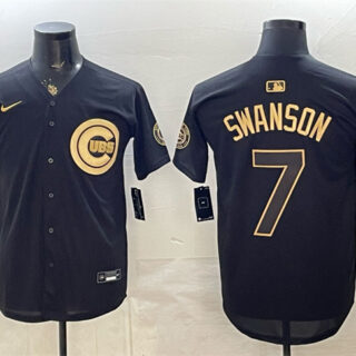 Men's Chicago Cubs #7 Dansby Swanson Black Gold 150th Anniversary Patch Stitched Baseball Jersey
