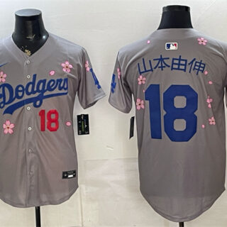 Men's Los Angeles Dodgers #18 Yoshinobu Yamamoto Grey 2025 Tokyo Series Limited Stitched Baseball Jersey