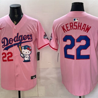 Men's Los Angeles Dodgers #22 Clayton Kershaw Pink Hello Kitty Night 2025 World Series Champions Patch Stitched Baseball Jersey