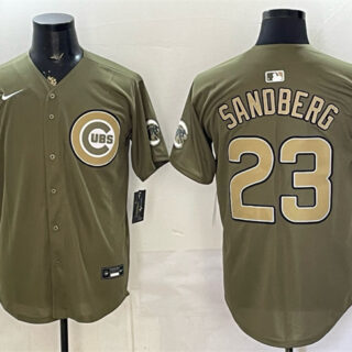 Men's Chicago Cubs #23 Ryne Sandberg Olive 2026 Armed Forces Day Stitched Baseball Jersey