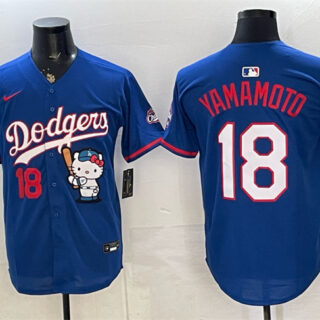 Men's Los Angeles Dodgers #18 Yoshinobu Yamamoto Royal Hello Kitty Night 2025 World Series Champions Patch Stitched Baseball Jersey