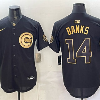 Men's Chicago Cubs #14 Ernie Banks Black Gold 150th Anniversary Patch Stitched Baseball Jersey