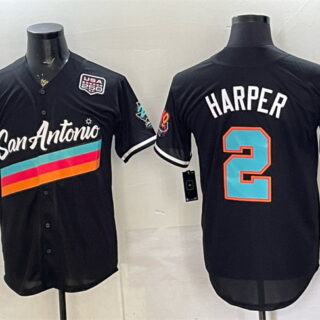 Men's San Antonio Spurs #2 Dylan Harper Black USA 250' Patch City Edition Stitched Baseball Jersey