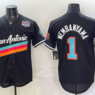 Men's San Antonio Spurs #1 Victor Wembanyama Black USA 250' Patch City Edition Stitched Baseball Jersey