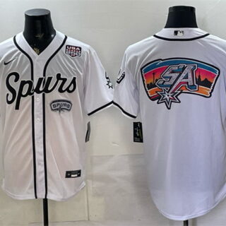 Men's San Antonio Spurs Team Big Logo White USA 250' Patch Stitched Baseball Jersey