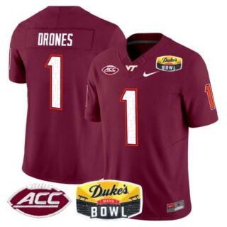 Kyron Drones Jersey #1 Virginia Tech Hokies 2025 Duke's Mayo Bowl Patch Maroon