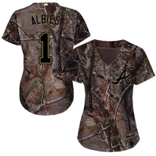 Braves #1 Ozzie Albies Camo Realtree Collection Cool Base Women's Stitched Baseball Jersey