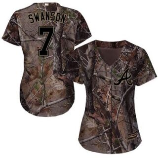 Braves #7 Dansby Swanson Camo Realtree Collection Cool Base Women's Stitched Baseball Jersey