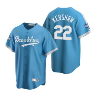 Brooklyn Dodgers #22 Clayton Kershaw Light Blue 2020 World Series Champions Cooperstown Collection Jersey