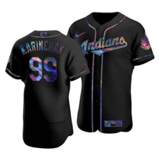 Cleveland Indians #99 James Karinchak Men's Nike Iridescent Holographic Collection MLB Jersey - Black