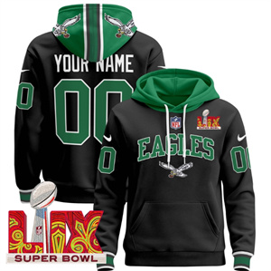 Custom Men's Philadelphia Eagles Super Bowl LIX Patch Pullover Hoodie - All Stitched Black