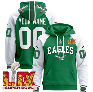 Custom Men's Philadelphia Eagles Super Bowl LIX Patch Pullover Hoodie - All Stitched Kelly Alternate