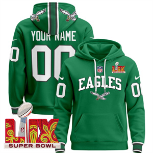 Custom Men's Philadelphia Eagles Super Bowl LIX Patch Pullover Hoodie - All Stitched Kelly Green