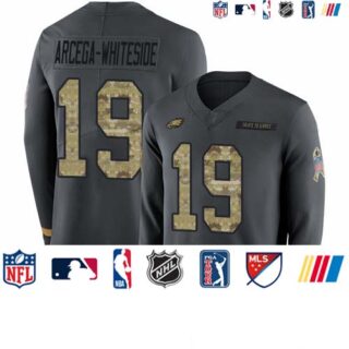 Eagles #19 JJ Arcega-Whiteside Anthracite Salute to Service Youth Stitched Football Limited Therma Long Sleeve Jersey