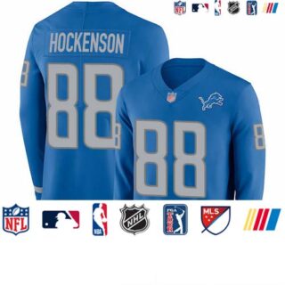 Lions #88 T.J. Hockenson Blue Team Color Men's Stitched Football Limited Therma Long Sleeve Jersey
