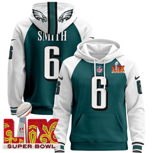 Men's Philadelphia Eagles Super Bowl LIX Patch Pullover Hoodie Midnight Green DeVonta Smith 6
