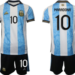 Men's Argentina #10 Diego Maradona White Blue Home Soccer Jersey Suit