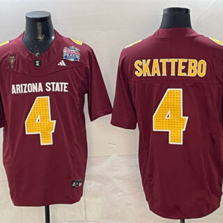 Men's Arizona State Sun Devils #4 Cam Skattebo 2024 F.U.S.E. Maroon Pat Tillman & Peach Bowl Patch Vapor Limited Stitched Jersey