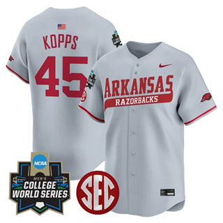 Men's Arkansas Razorbacks #45 Kevin Kopps 2025 World Series Vapor Premier Limited Jersey All Stitched