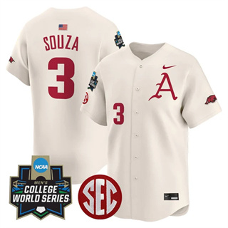 Men's Arkansas Razorbacks #3 Nolan Souza 2025 World Series Vapor Premier Limited Jersey All Stitched